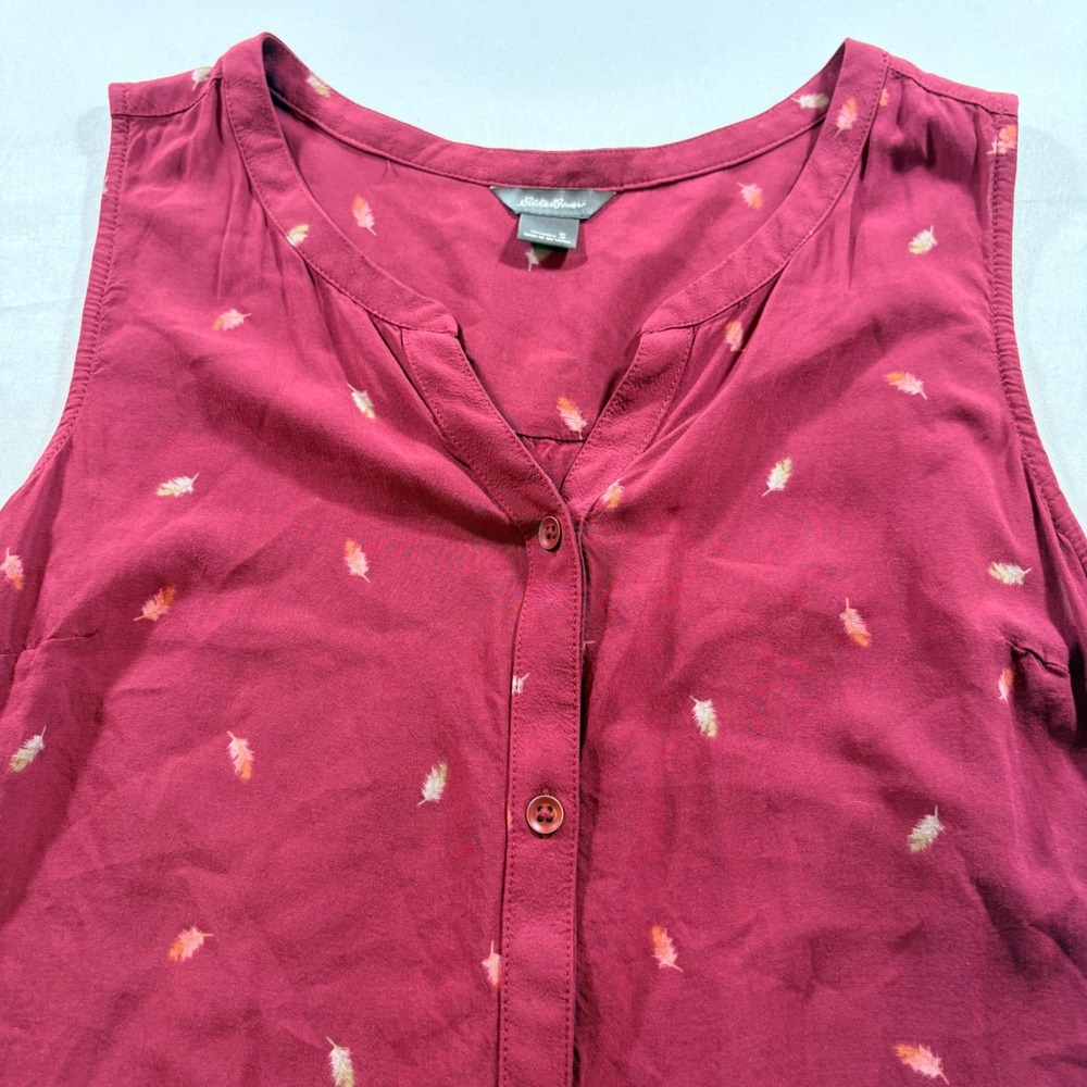 Eddie Bauer Sleeveless Shirt Womens Small Maroon Feather Print Rayon Blouse